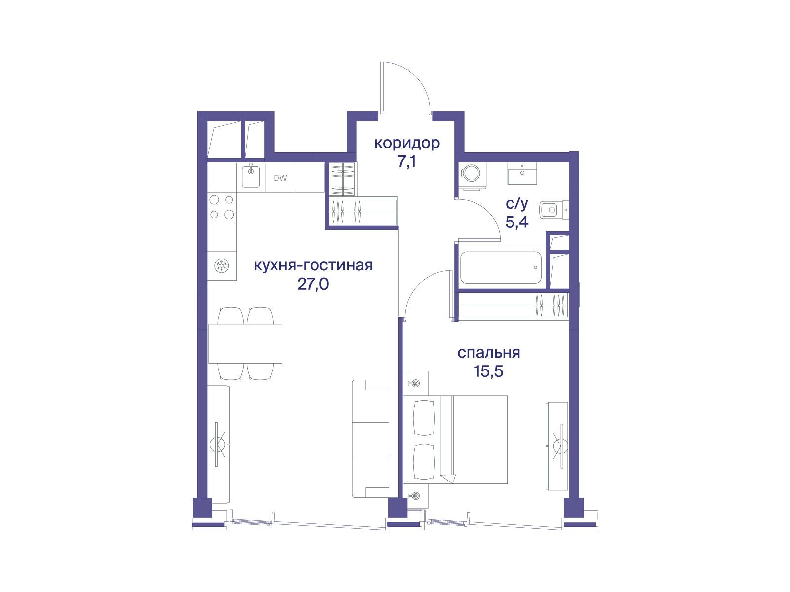 Планировка: 1-комн. квартира 55.00 м² в новостройке Начало