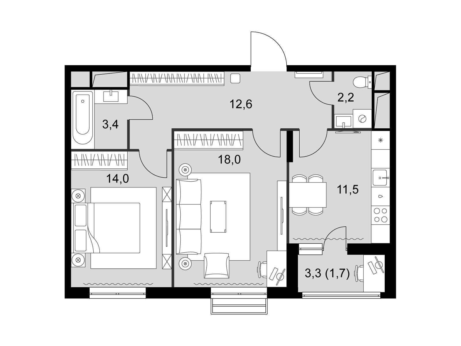 Планировка: 2-комн. квартира 63.40 м² в новостройке Римский