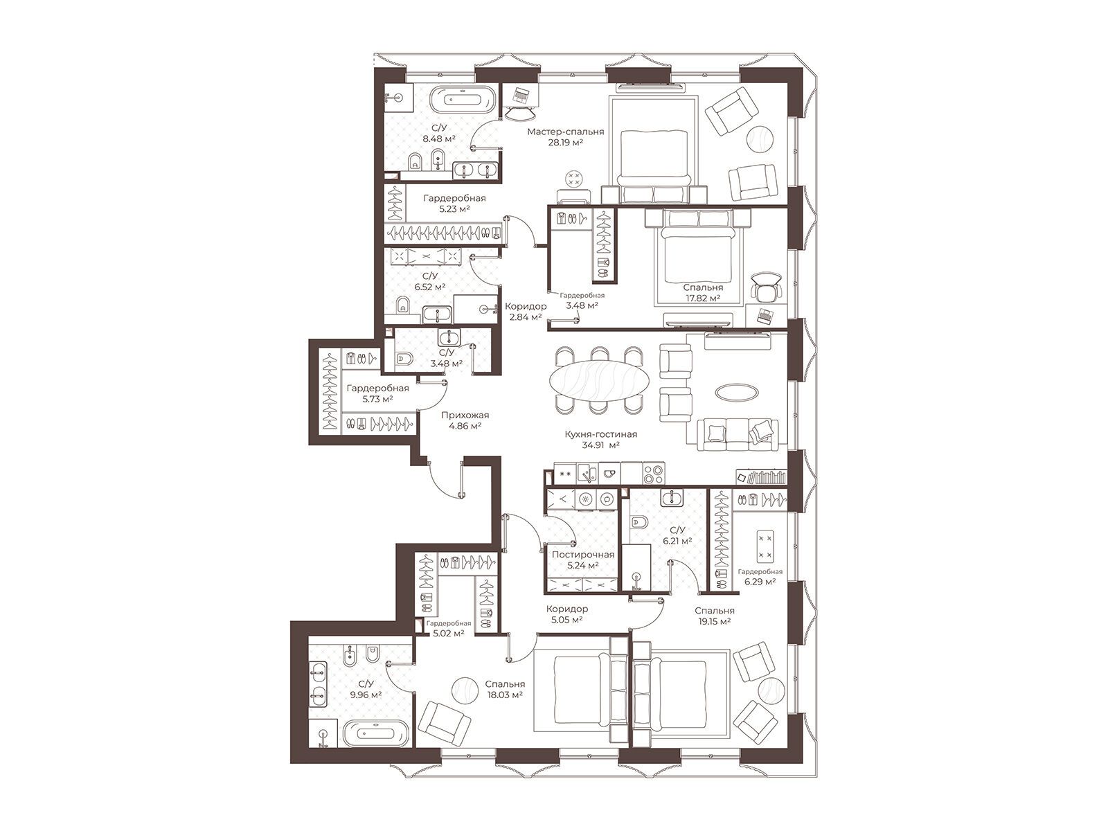 Планировка: 4-комн. квартира 196.49 м² в новостройке Клубный дом Воронцовъ