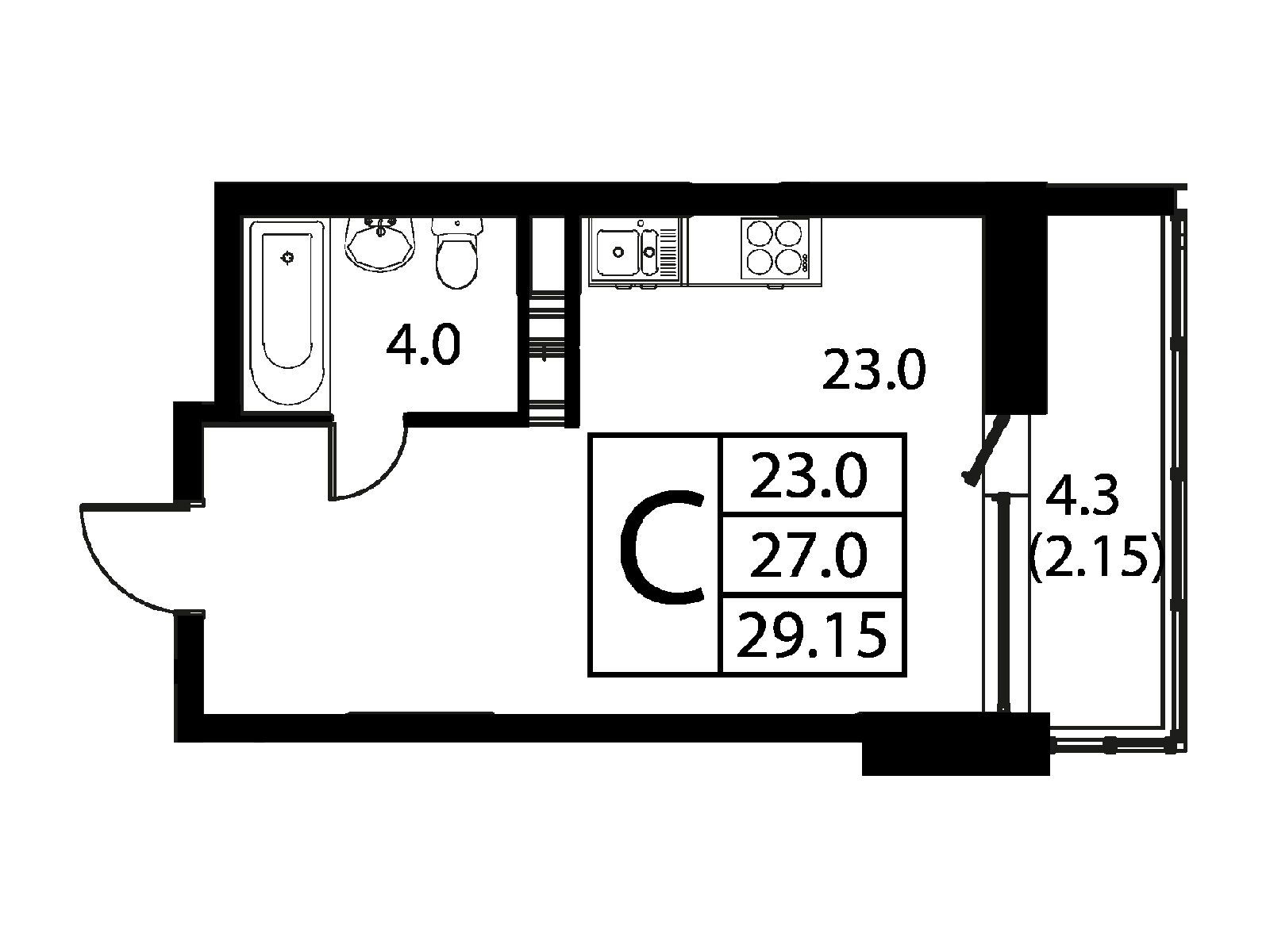 Планировка: Студия 29.15 м² в новостройке Космос