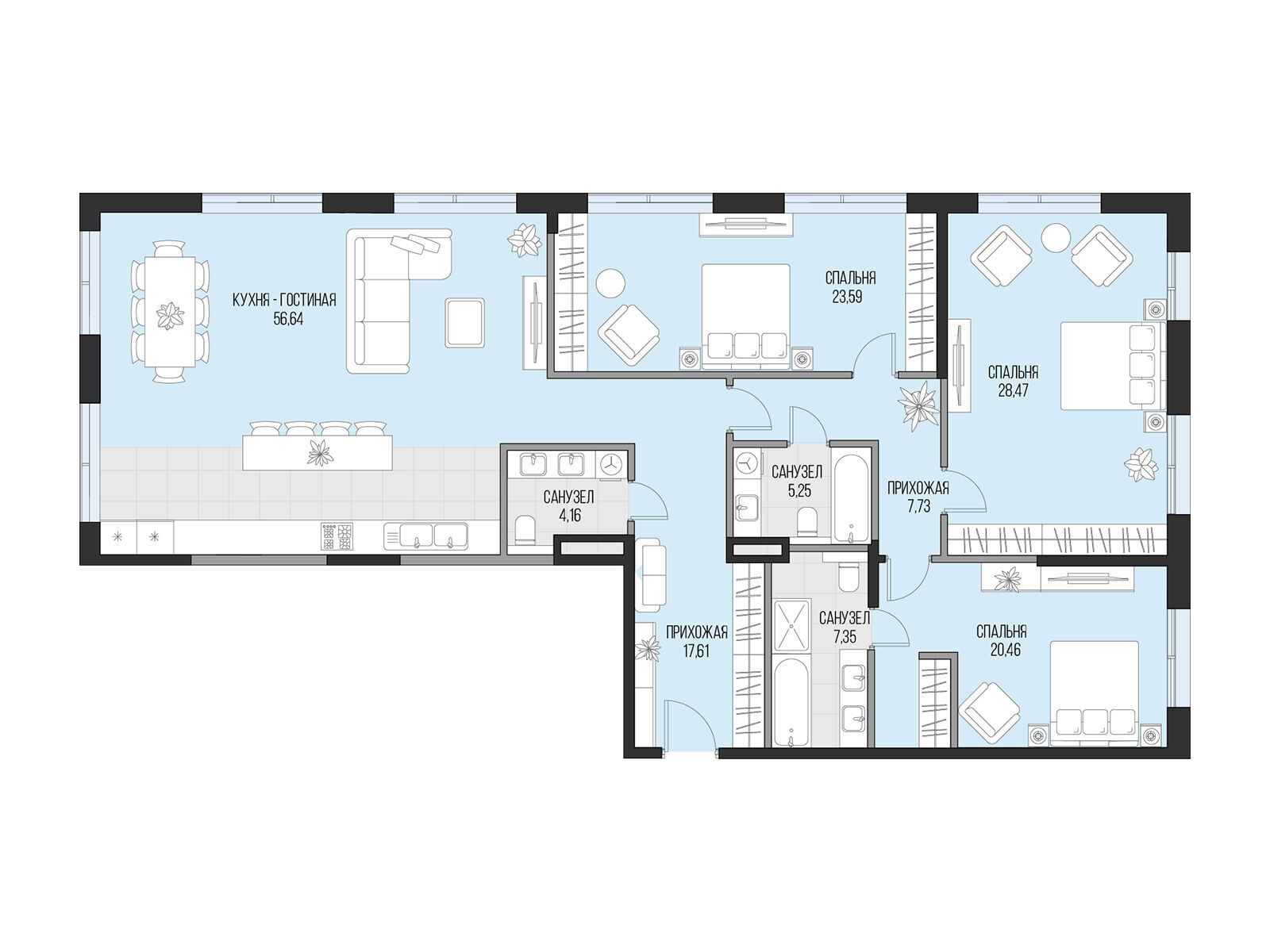 Планировка: 4-комн. квартира 171.89 м² в новостройке Садовническая 69