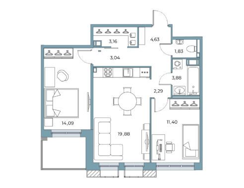 Планировка: 2-комн. квартира 62.45 м² в новостройке Взлетная 16