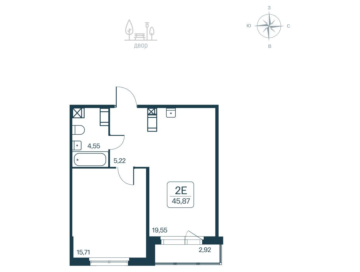 Планировка: Студия 45.87 м² в новостройке Расцветай в Янино