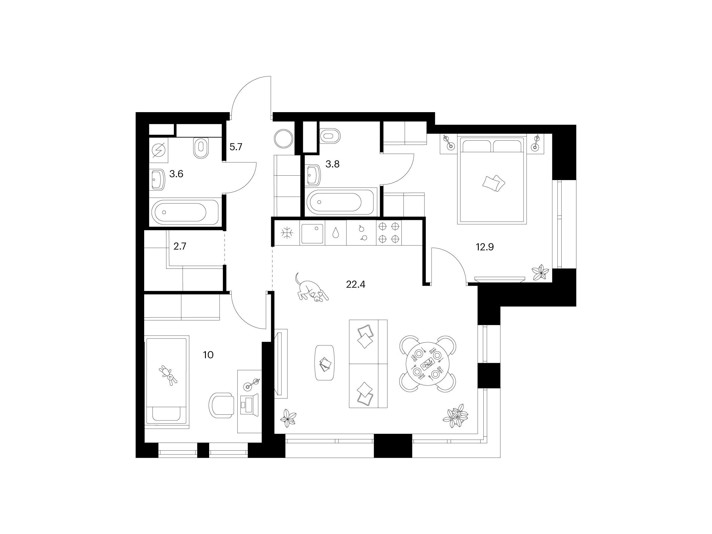Планировка: 2-комн. квартира 61.10 м² в новостройке Строгино 360