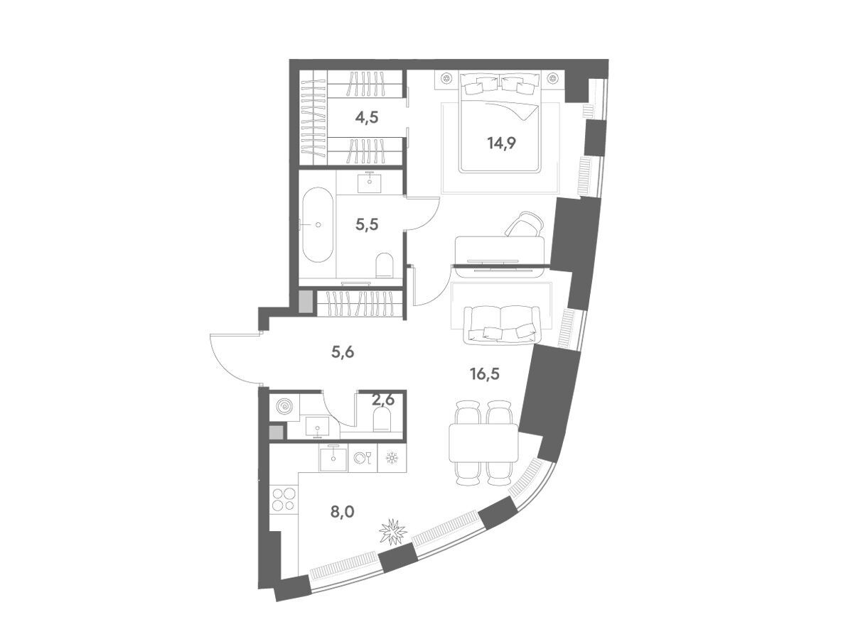Планировка: 1-комн. квартира 57.60 м² в новостройке Энигмия