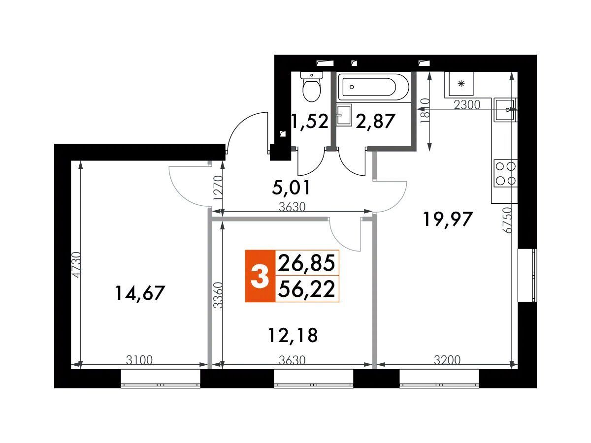 Планировка: 2-комн. квартира 56.20 м² в новостройке Парк Апрель
