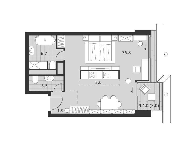 Планировка: 1-комн. квартира 54.50 м² в новостройке Бадаевский