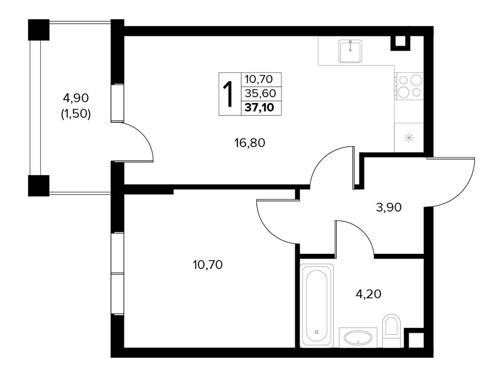 Планировка: 1-комн. квартира 37.10 м² в новостройке Кипарис