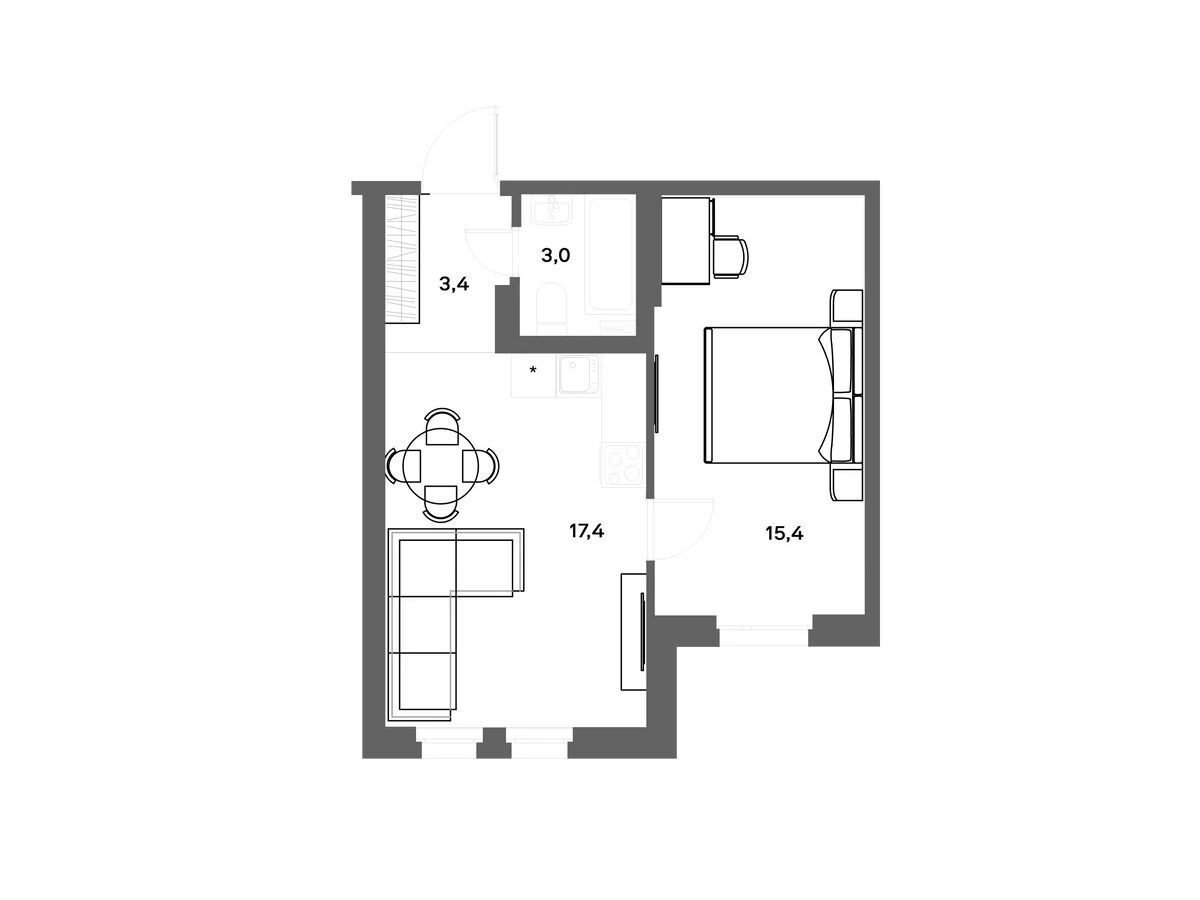 Планировка: 1-комн. квартира 39.20 м² в новостройке Нега