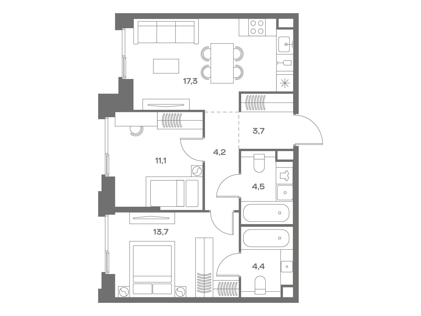 Планировка: 2-комн. квартира 58.90 м² в новостройке Соул