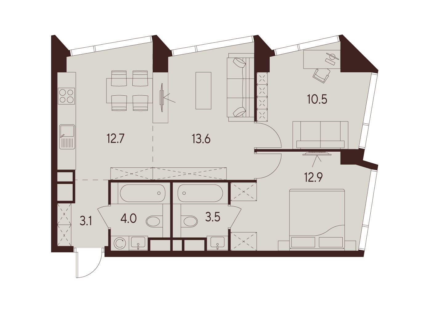 Планировка: 2-комн. квартира 60.30 м² в новостройке ЖК Инди Тауэрз