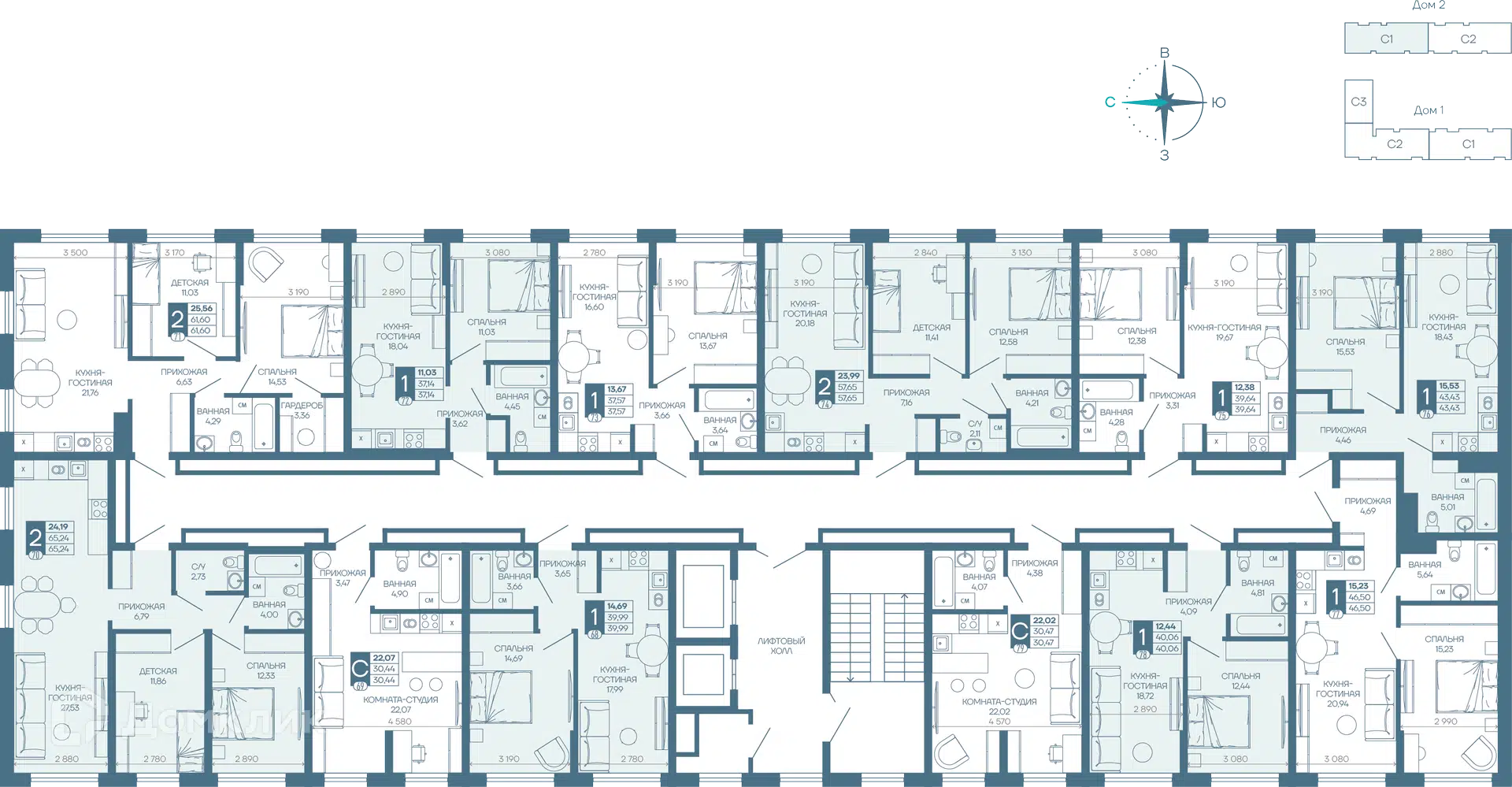 Планировка: 1-комн. квартира 44.10 м² в новостройке Иначе в Молодежном