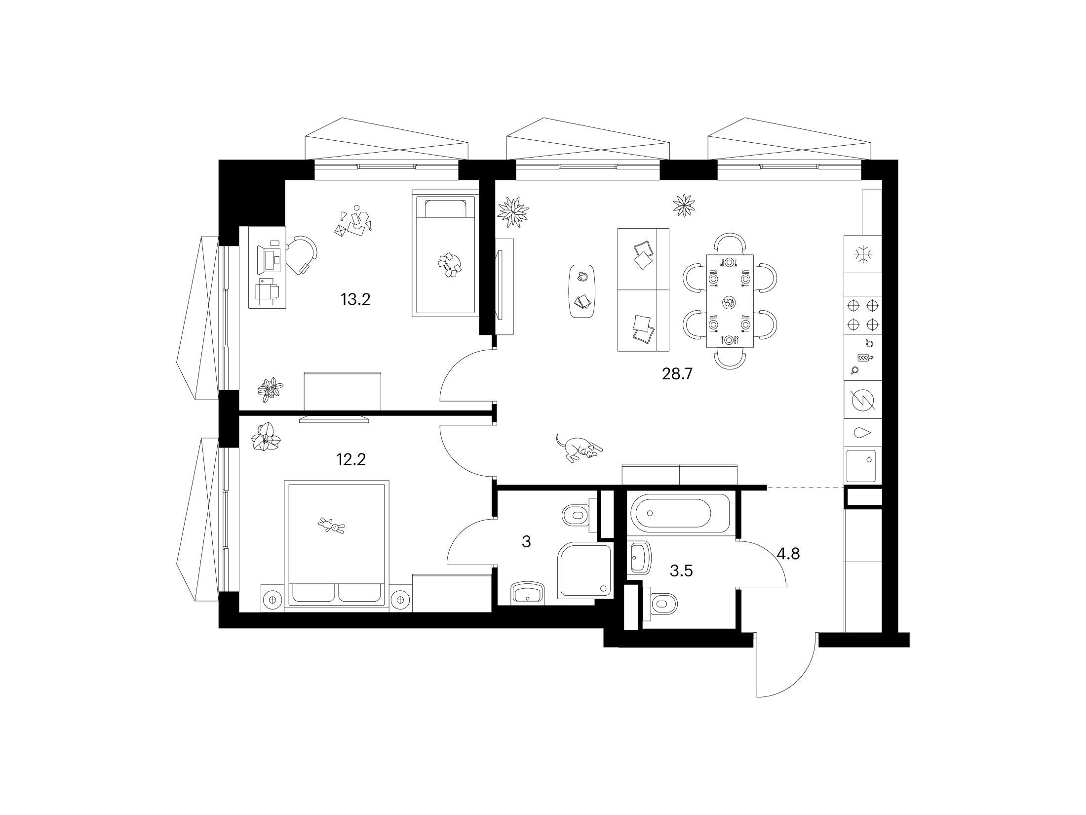 Планировка: 2-комн. квартира 65.40 м² в новостройке Нарвин