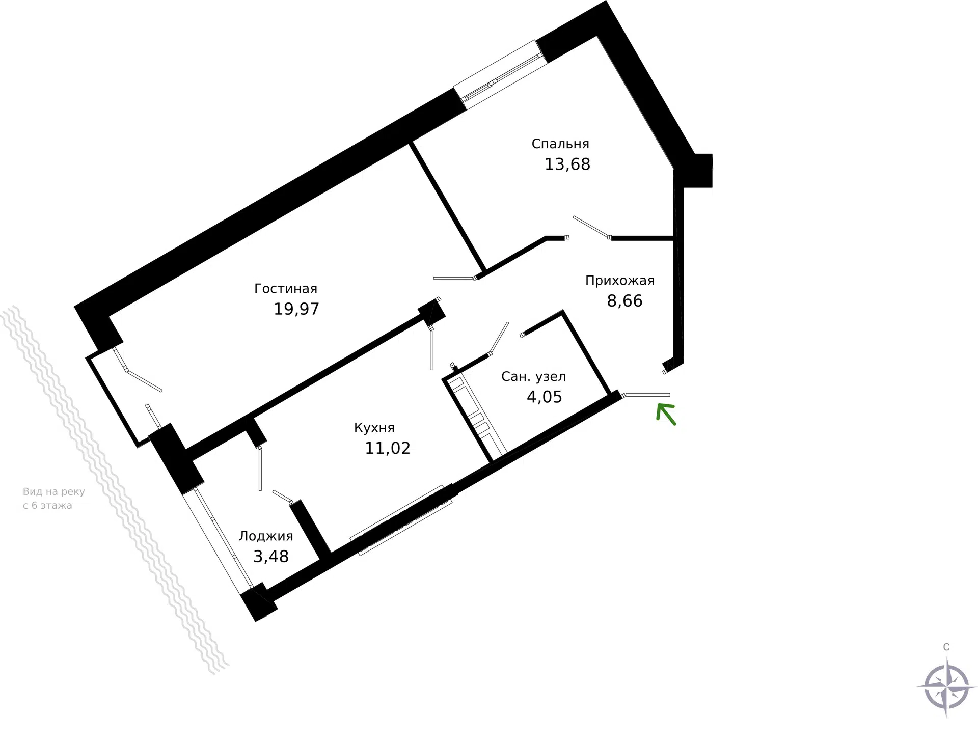 Планировка: 2-комн. квартира 60.86 м² в новостройке Импарк