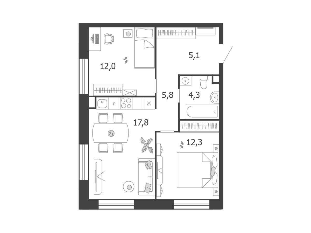 Планировка: 2-комн. квартира 57.30 м² в новостройке Шагал