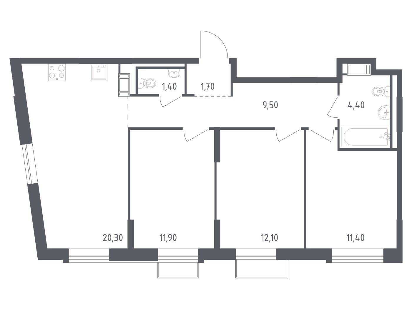 Планировка: 3-комн. квартира 71.20 м² в новостройке Курортный Квартал