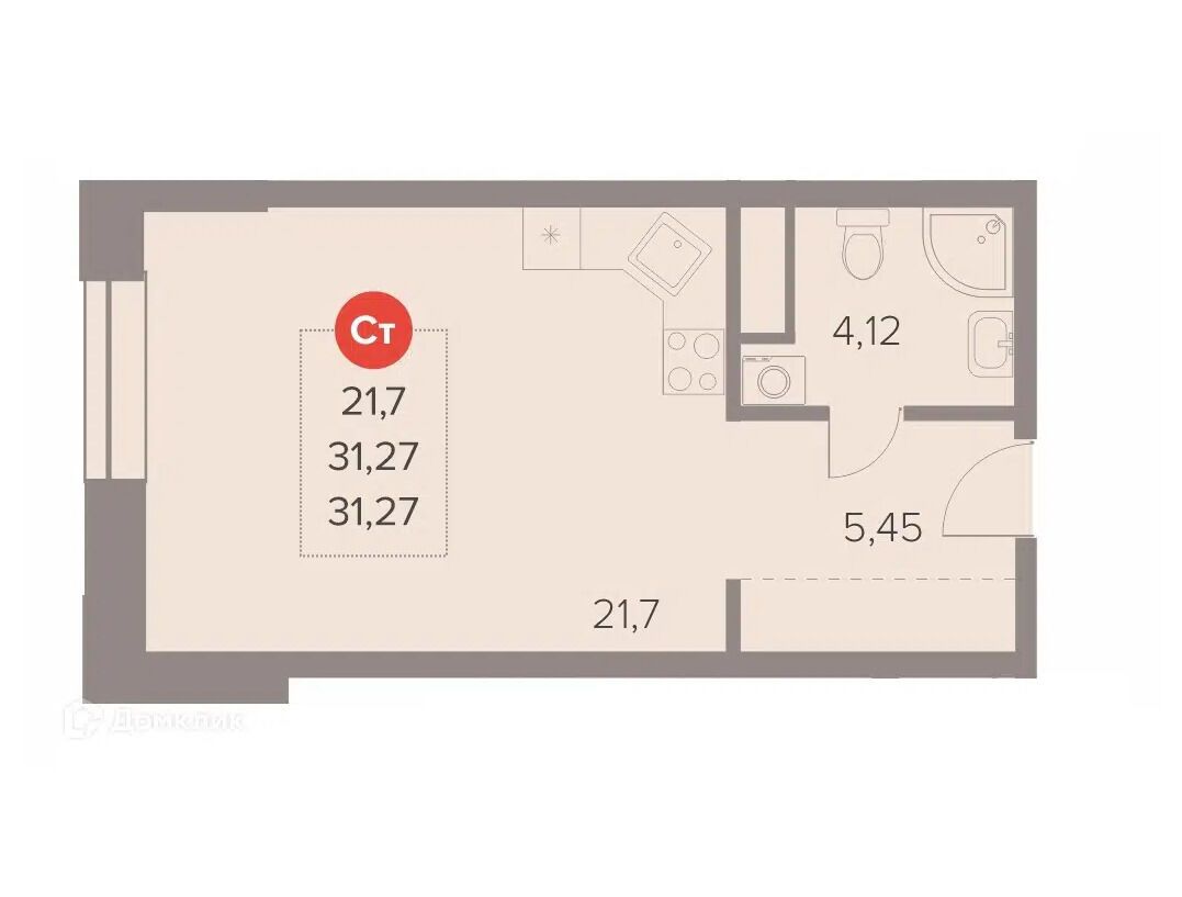 Планировка: Студия 31.40 м² в новостройке Отлично