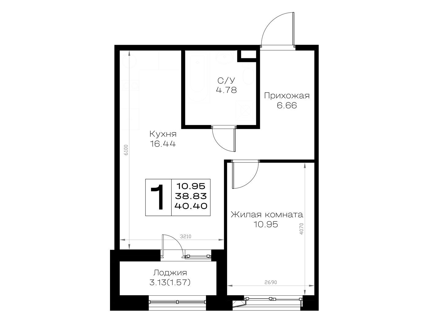 Планировка: 1-комн. квартира 40.24 м² в новостройке Борский