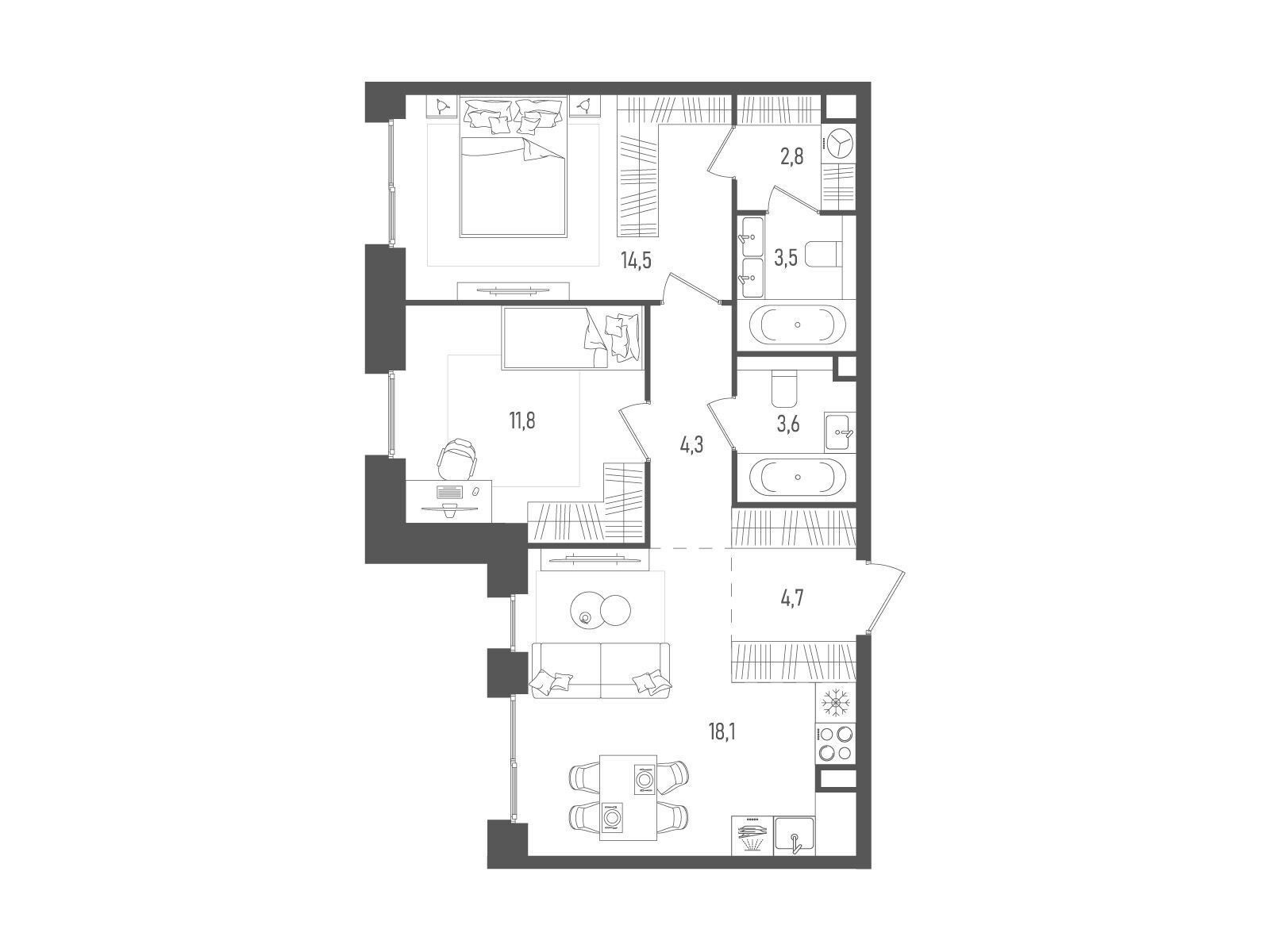 Планировка: 2-комн. квартира 63.30 м² в новостройке ЖК Пейв