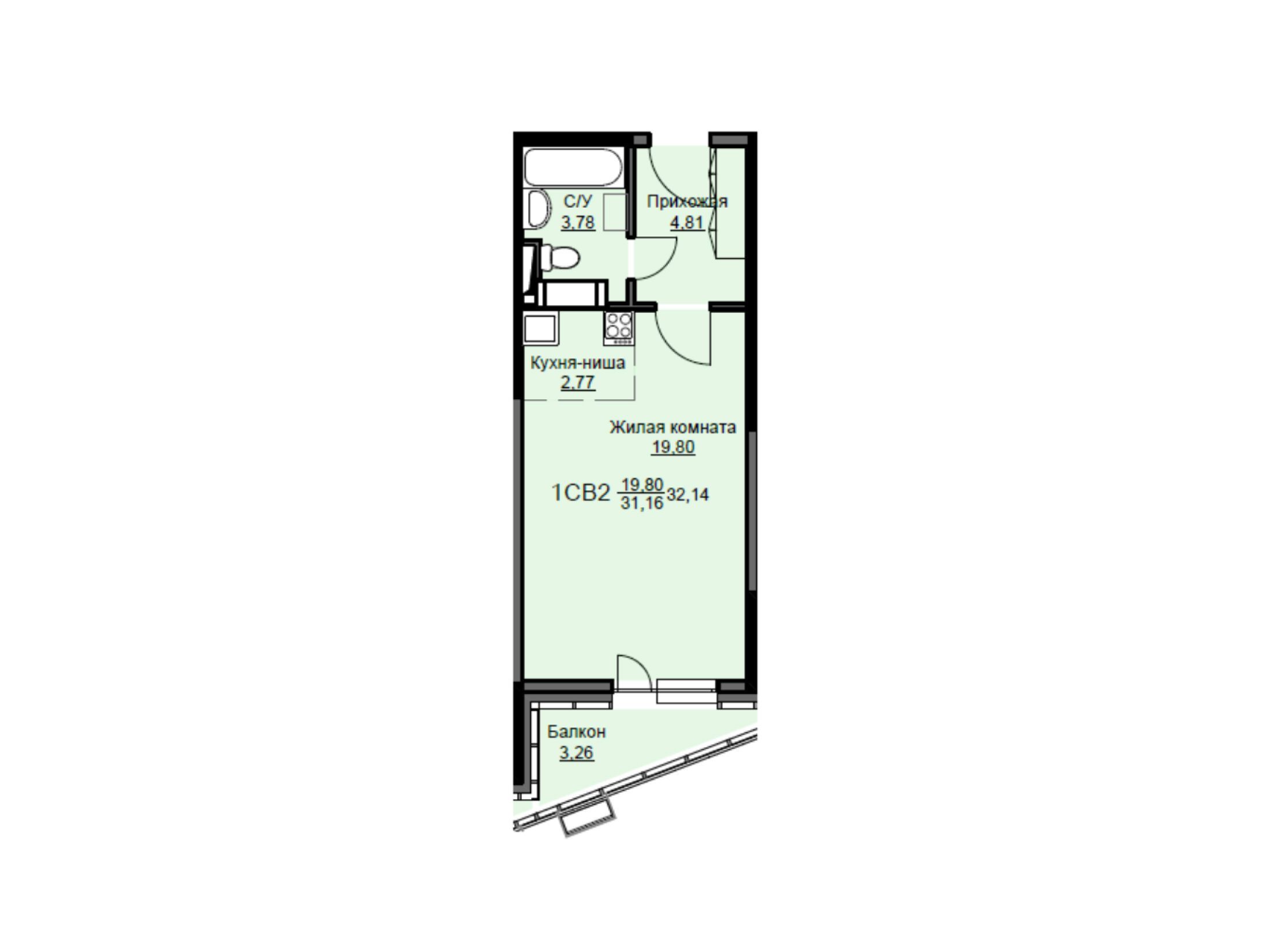 Планировка: Студия 32.80 м² в новостройке ЖК Соболевка (Щелково)