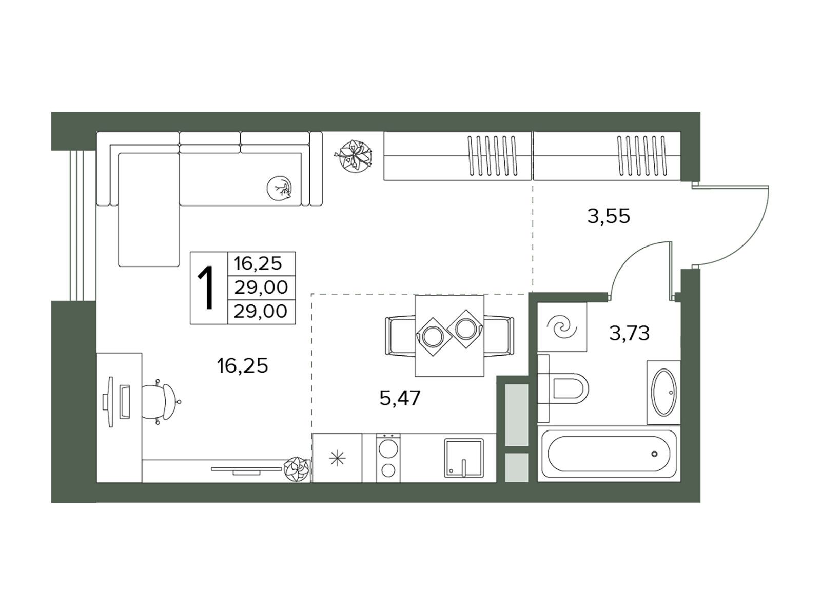Планировка: 1-комн. квартира 29.00 м² в новостройке Городской бор