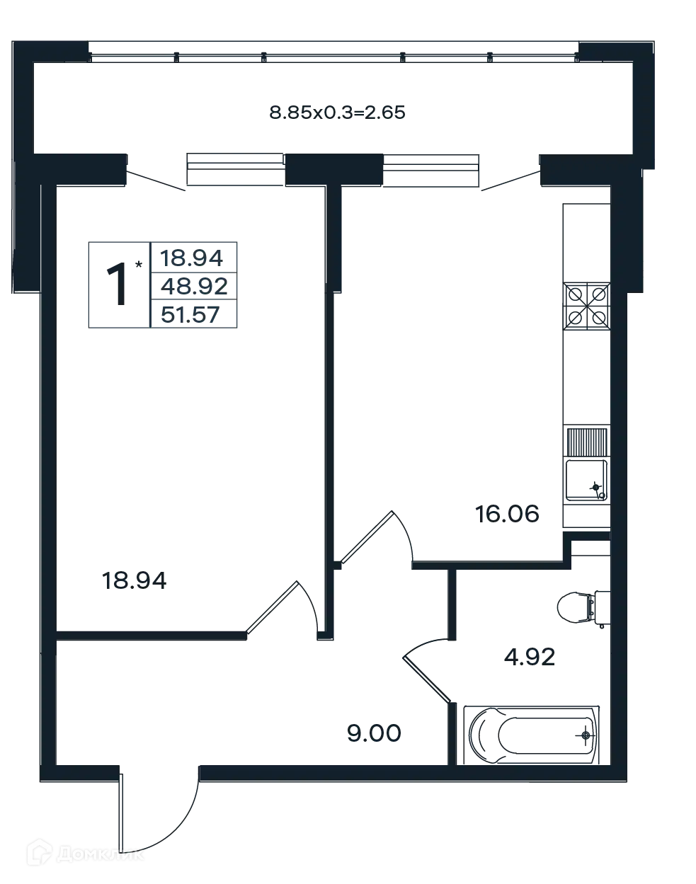 Планировка: 1-комн. квартира 51.57 м² в новостройке Эндемик