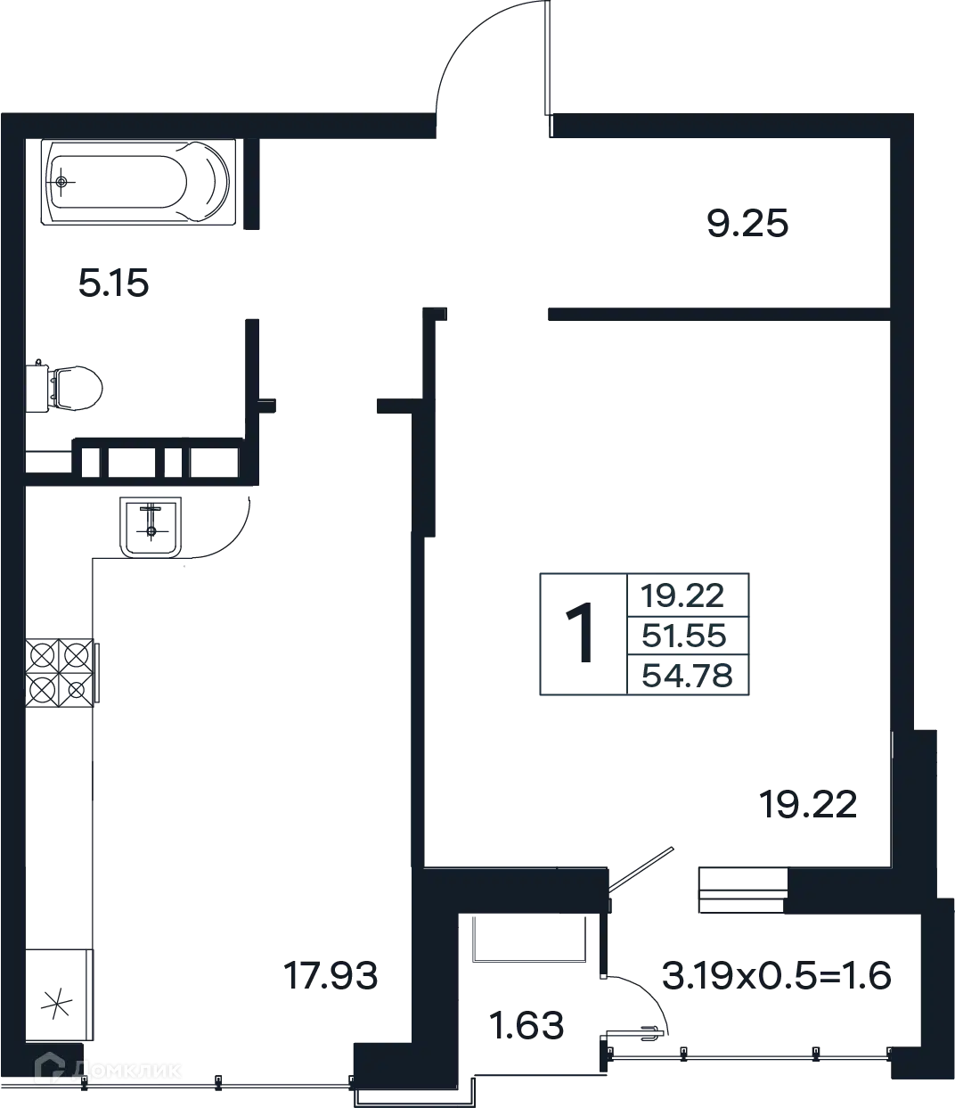 Планировка: 1-комн. квартира 54.78 м² в новостройке Эндемик