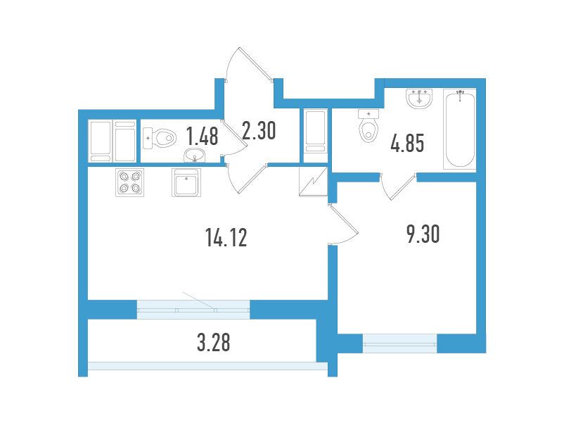 Планировка: 1-комн. квартира 33.03 м² в новостройке ЖК Южный форт