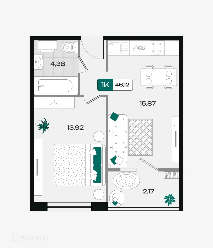 Планировка: 1-комн. квартира 45.85 м² в новостройке Народные Кварталы