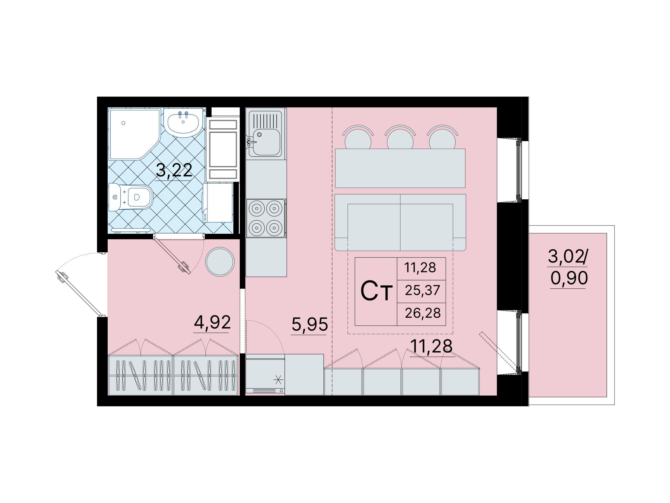 Планировка: Студия 26.30 м² в новостройке Северный меридиан