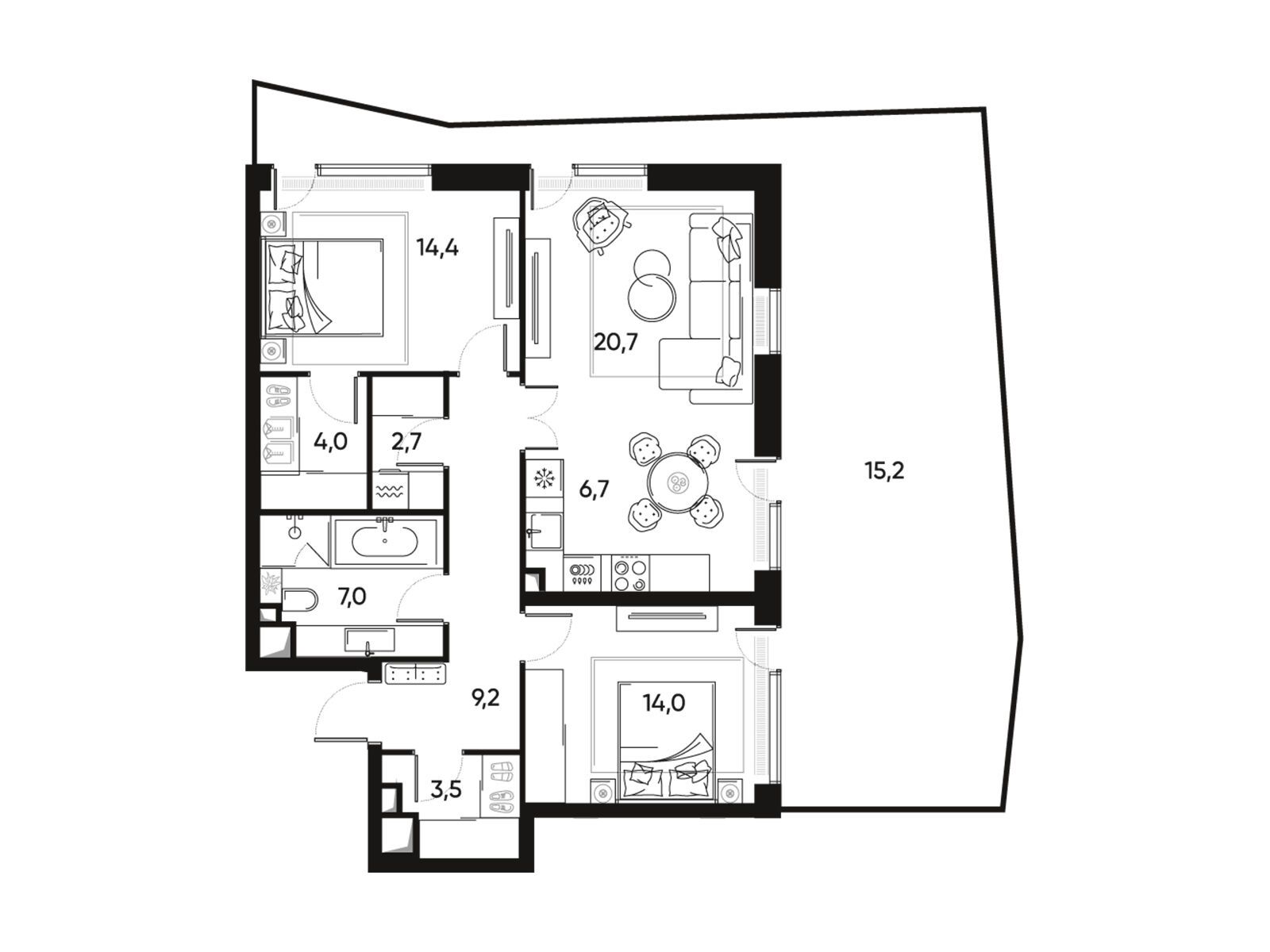 Планировка: 3-комн. квартира 82.50 м² в новостройке Прайд