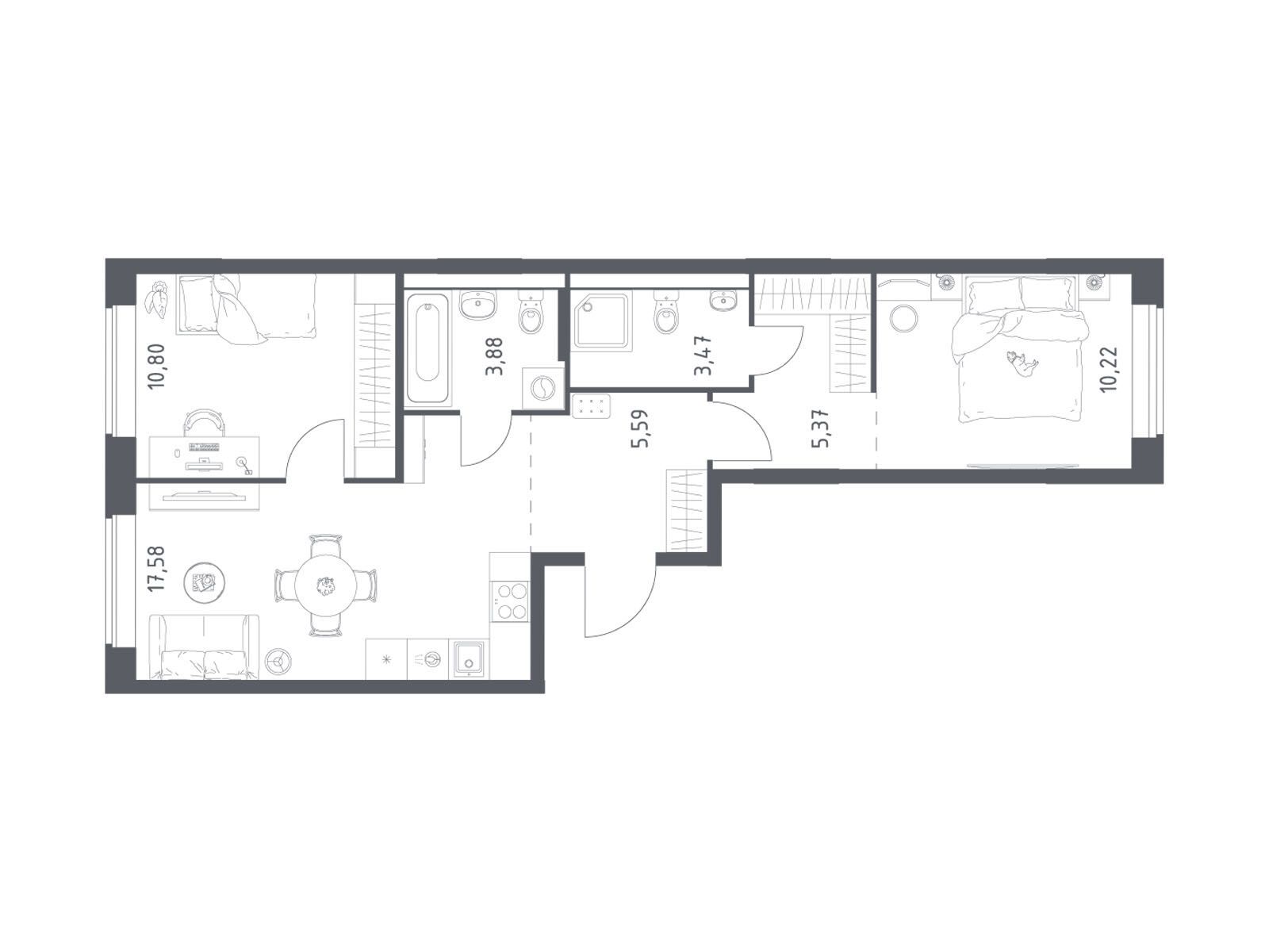 Планировка: 2-комн. квартира 56.91 м² в новостройке Большое Юрлово
