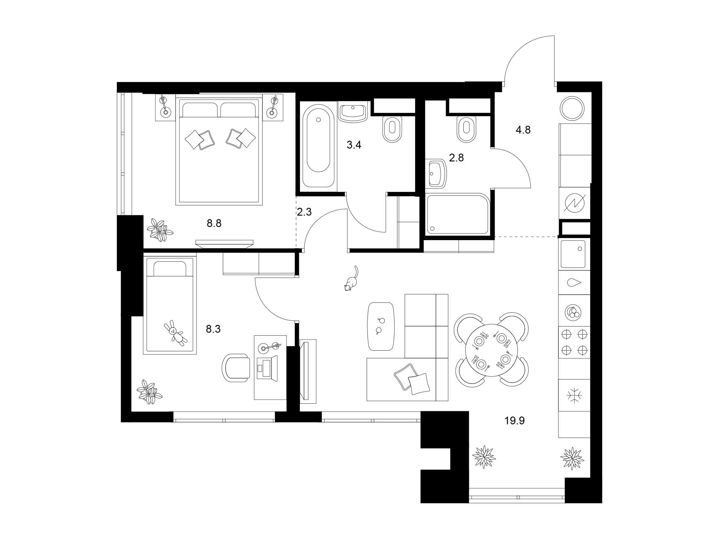 Планировка: 2-комн. квартира 50.30 м² в новостройке Бунинская набережная