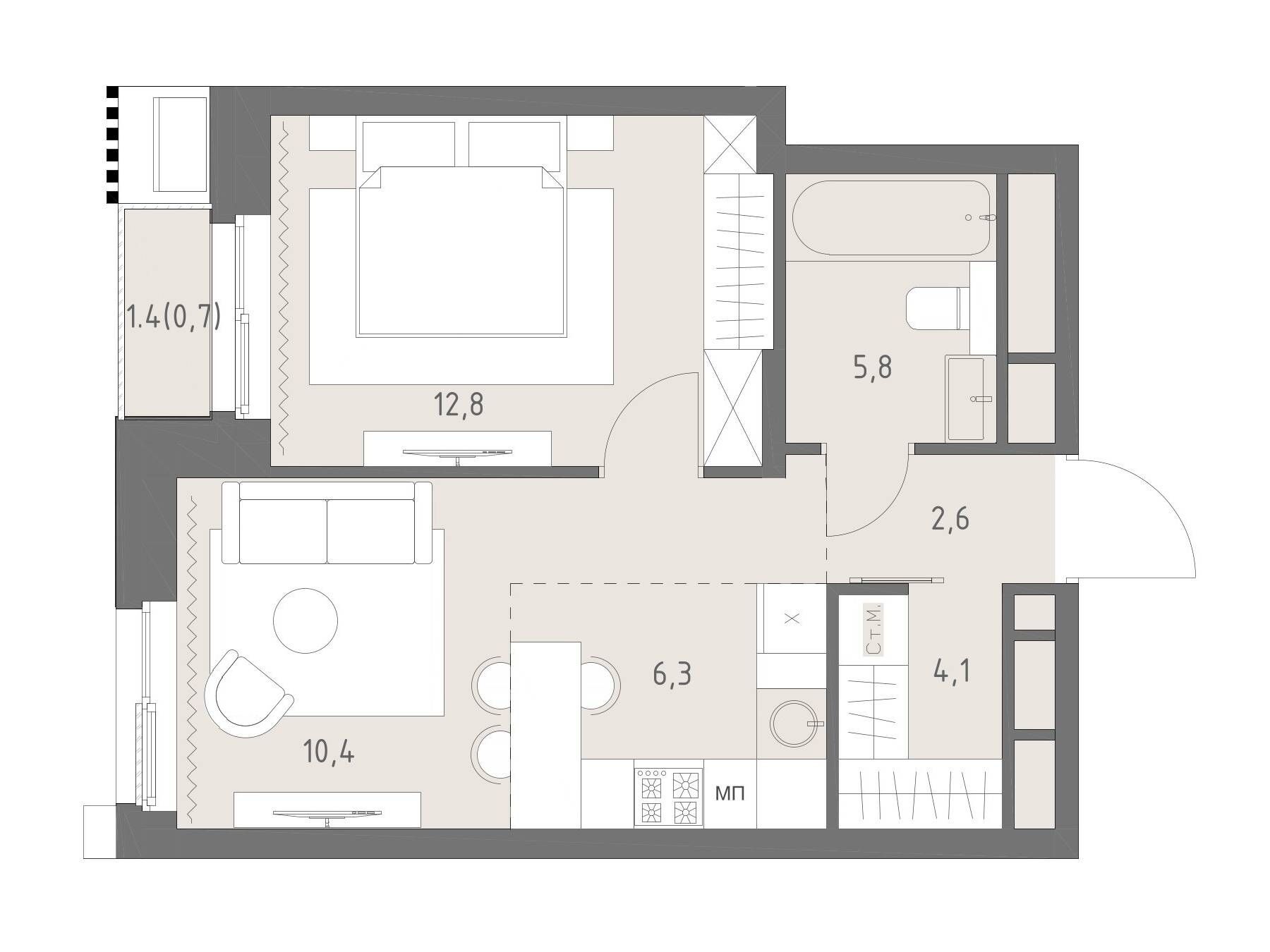 Планировка: 2-комн. квартира 42.70 м² в новостройке Родина Парк