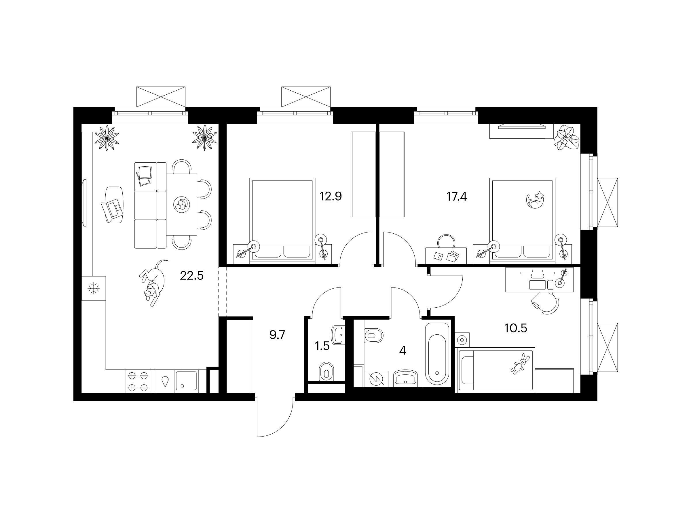 Планировка: 3-комн. квартира 78.50 м² в новостройке Люблинский парк