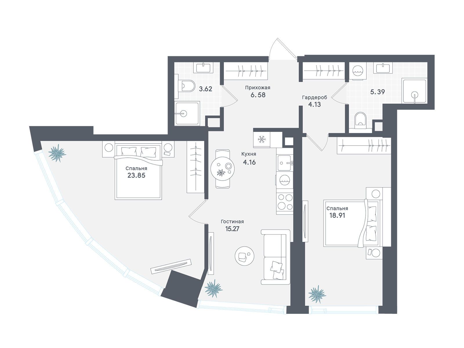 Планировка: 2-комн. квартира 83.42 м² в новостройке ЖК Солос