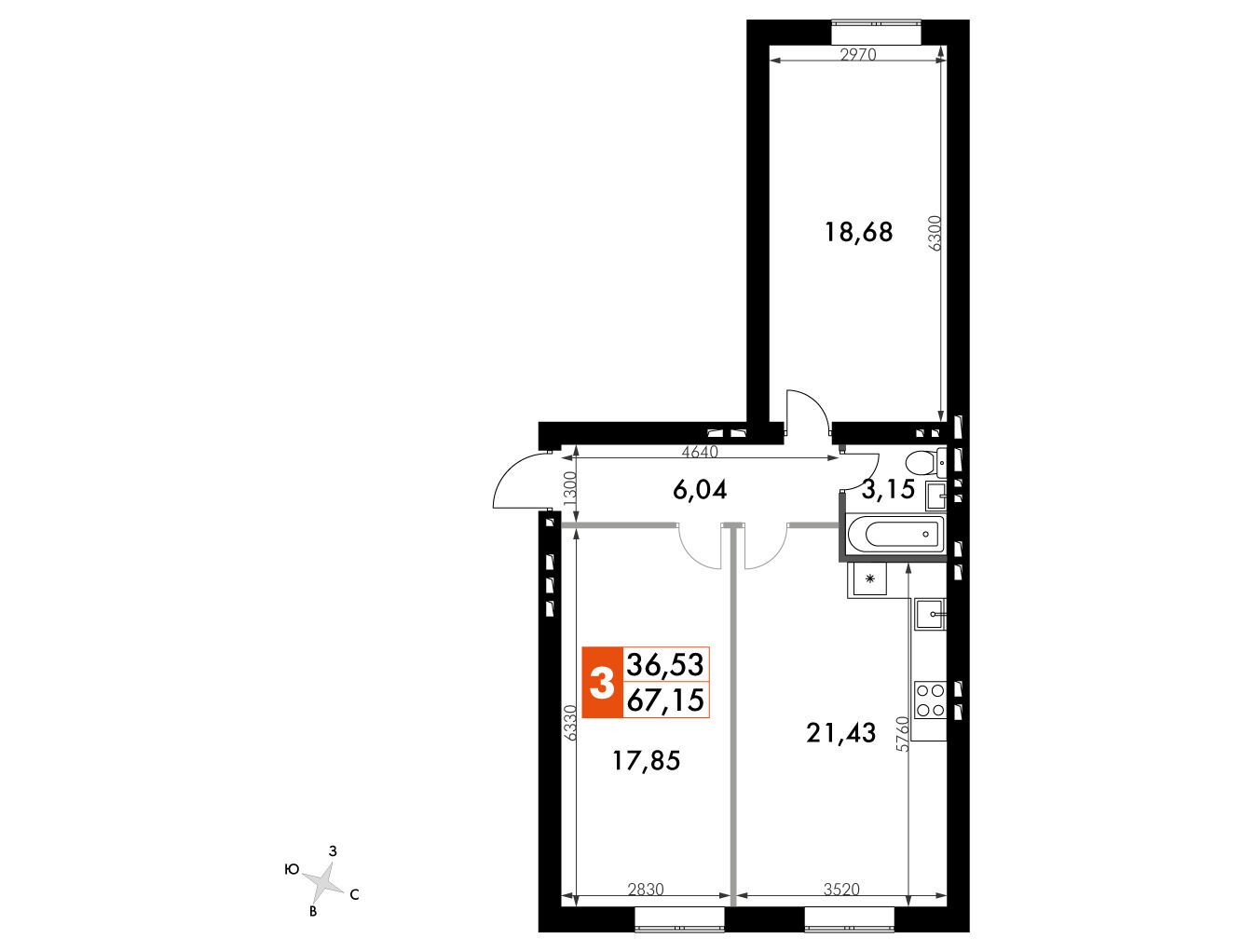 Планировка: 2-комн. квартира 67.00 м² в новостройке Парк Апрель