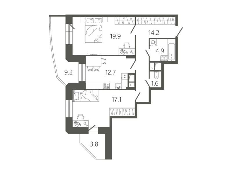 Планировка: 2-комн. квартира 75.10 м² в новостройке Мессиер 18