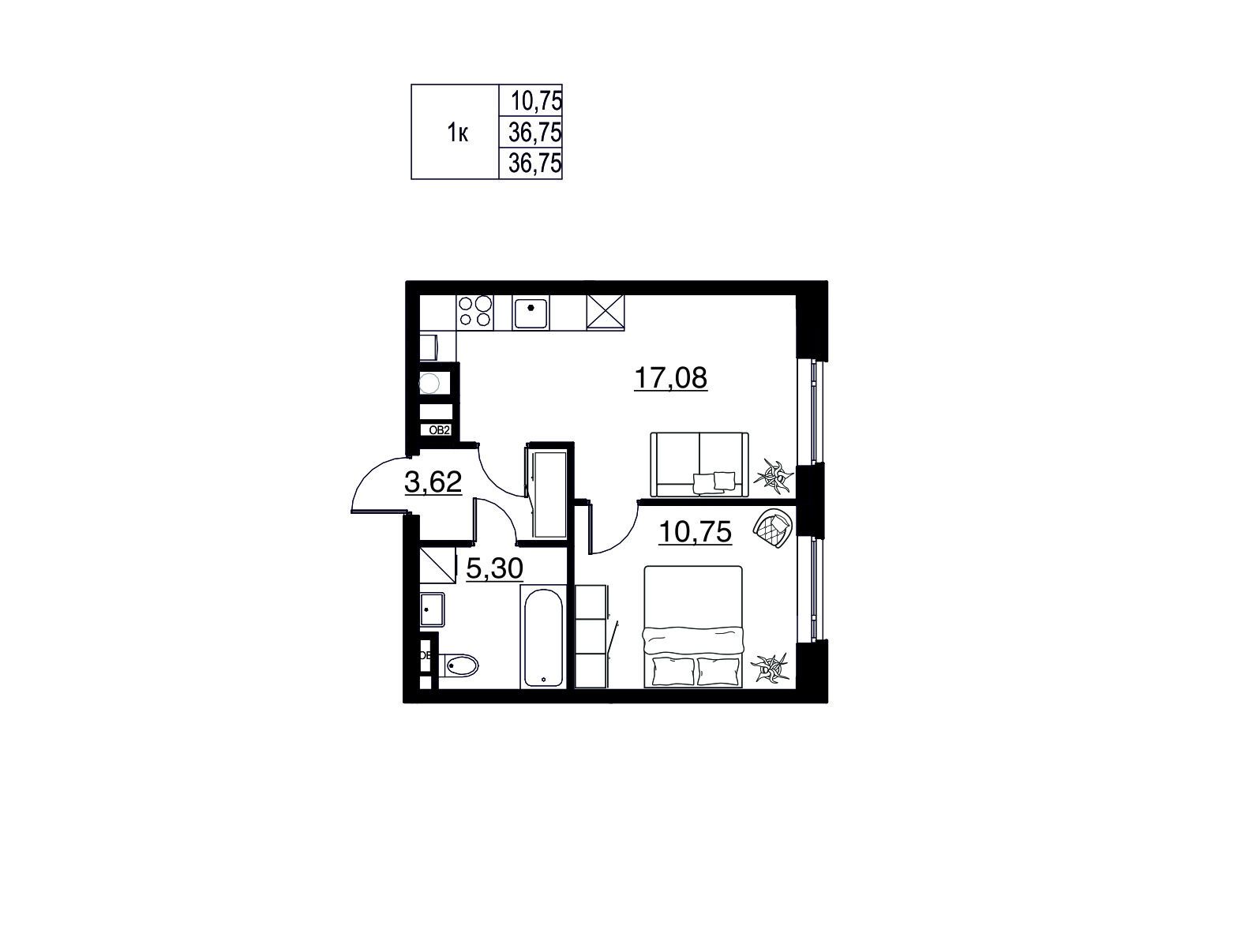 Планировка: 1-комн. квартира 36.75 м² в новостройке Соло.Петергоф