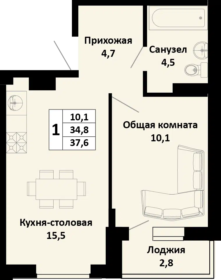 Планировка: 1-комн. квартира 38.09 м² в новостройке Южные Соседи
