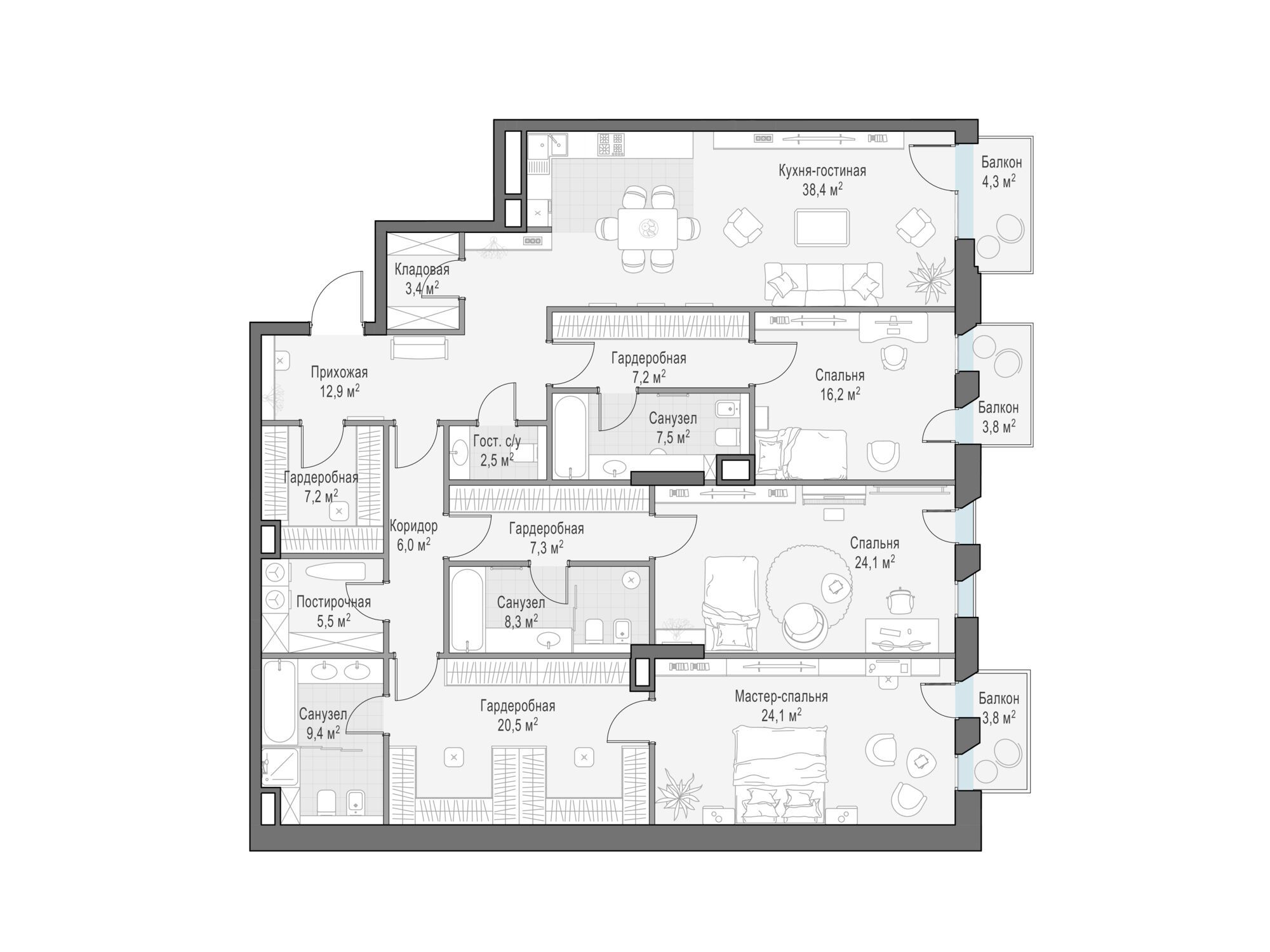 Планировка: 3-комн. квартира 204.00 м² в новостройке Обыденский №1