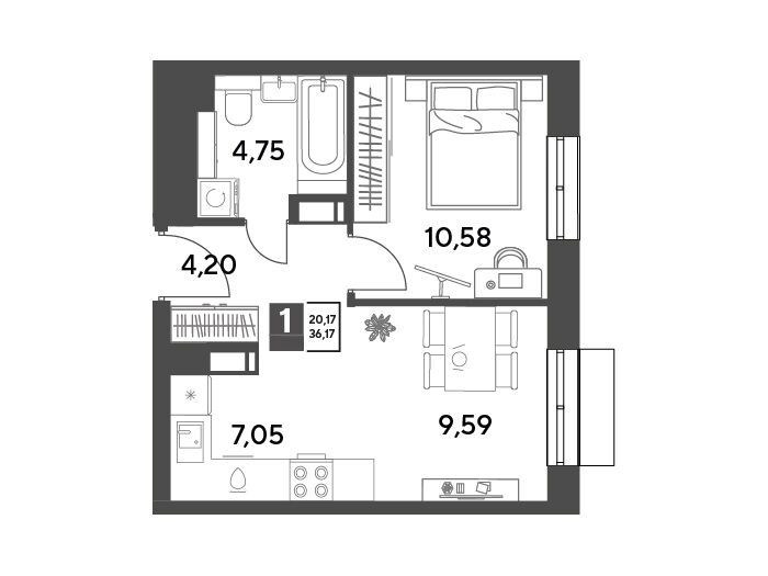 Планировка: 1-комн. квартира 36.17 м² в новостройке ЖК Публицист
