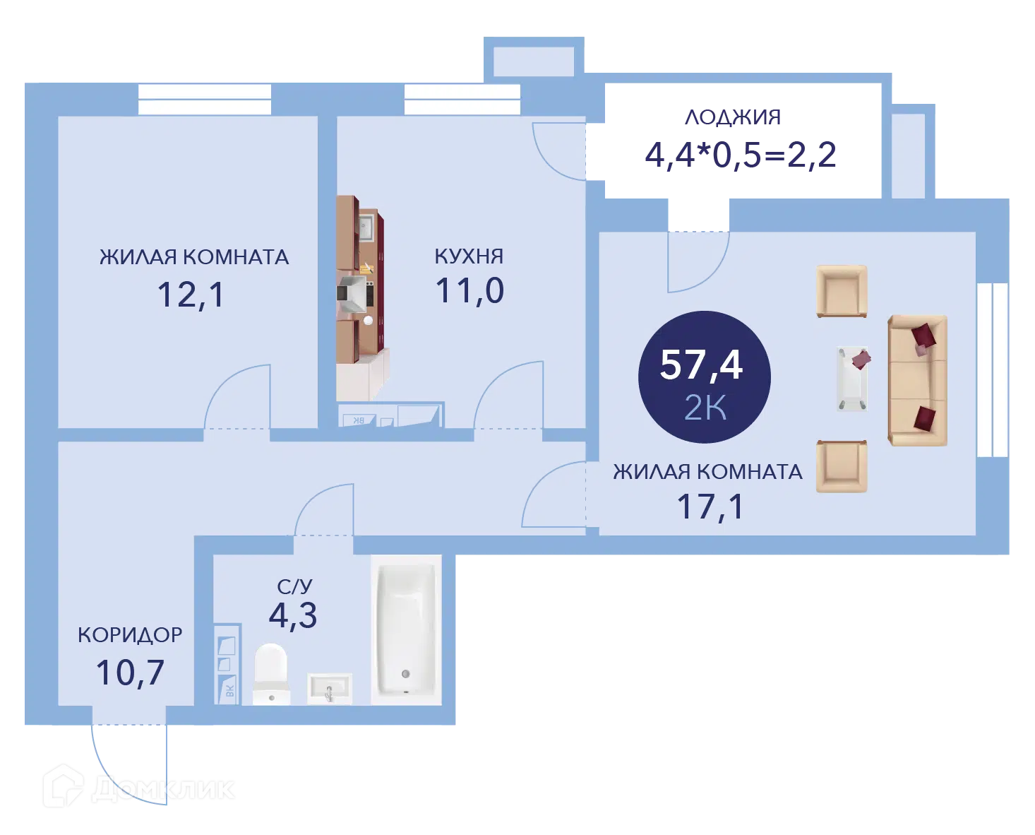 Планировка: 2-комн. квартира 57.40 м² в новостройке Два Адмирала