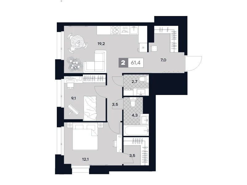 Планировка: 2-комн. квартира 61.40 м² в новостройке ЖК Юту