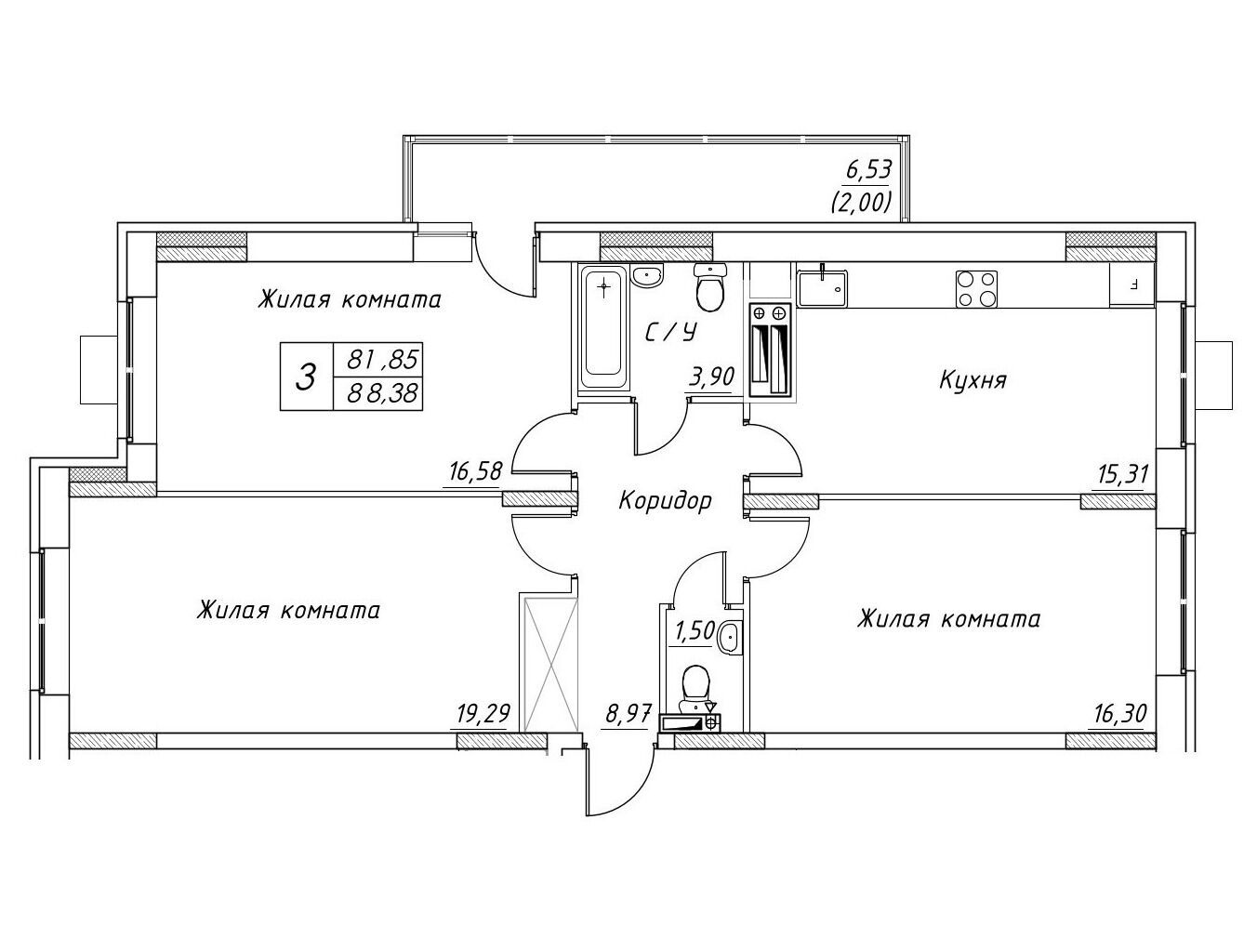 Планировка: 3-комн. квартира 88.38 м² в новостройке Большевик (Дмитров)