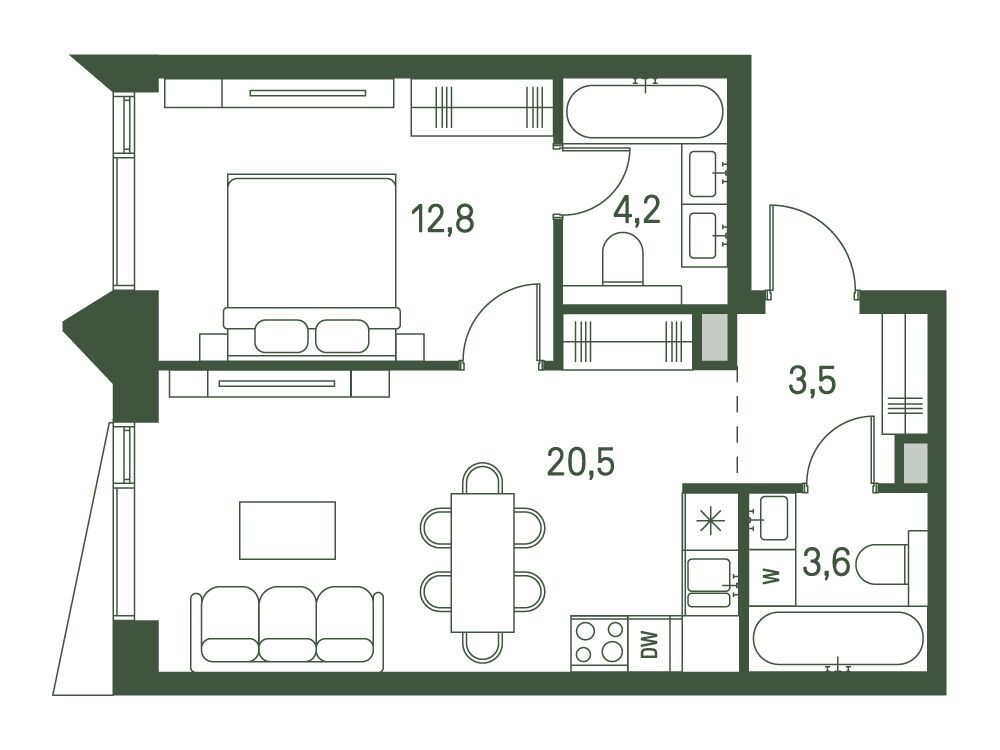 Планировка: 1-комн. квартира 44.60 м² в новостройке Моментс