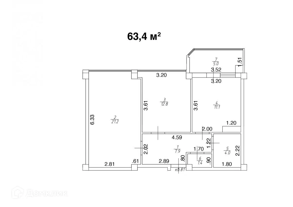 Планировка: 2-комн. квартира 63.40 м² в новостройке Квартал Лета