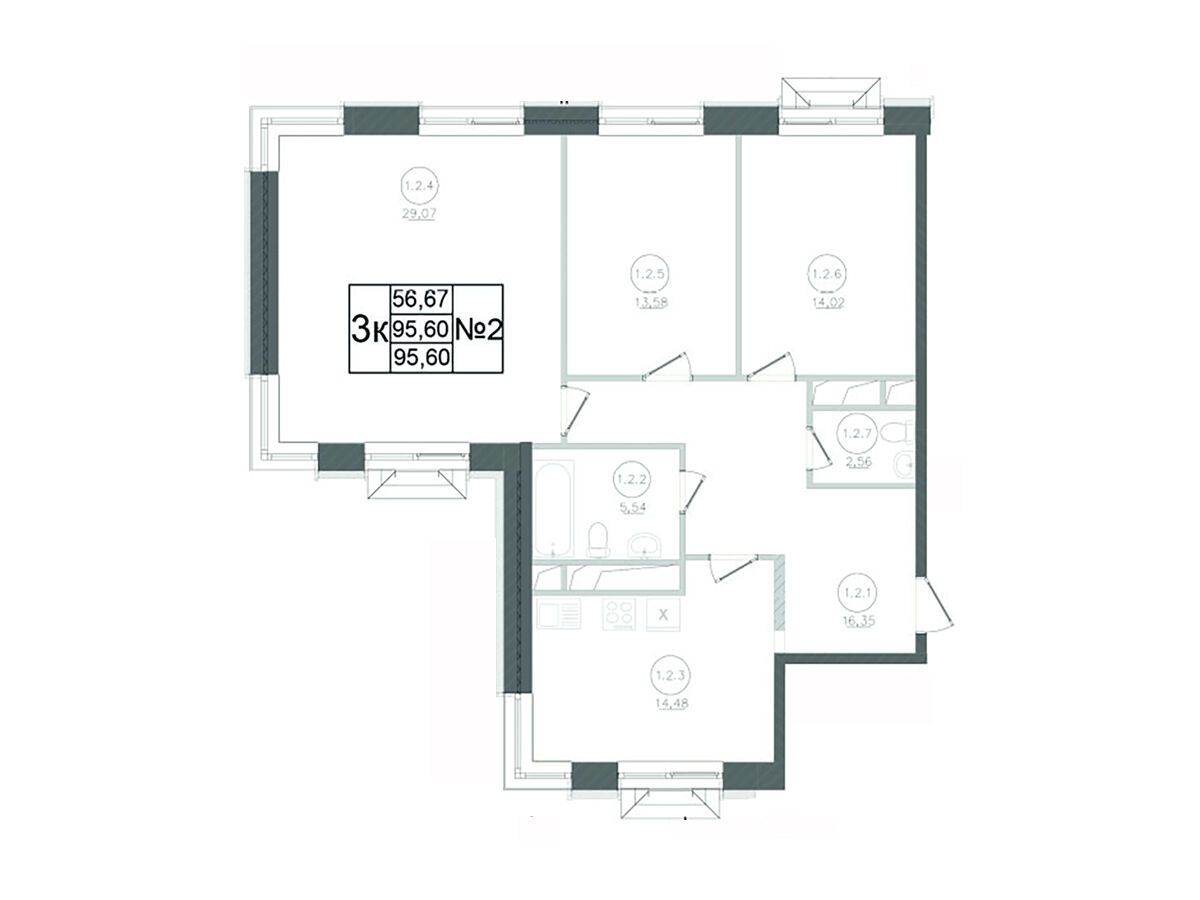 Планировка: 3-комн. квартира 95.60 м² в новостройке Авиатор-2
