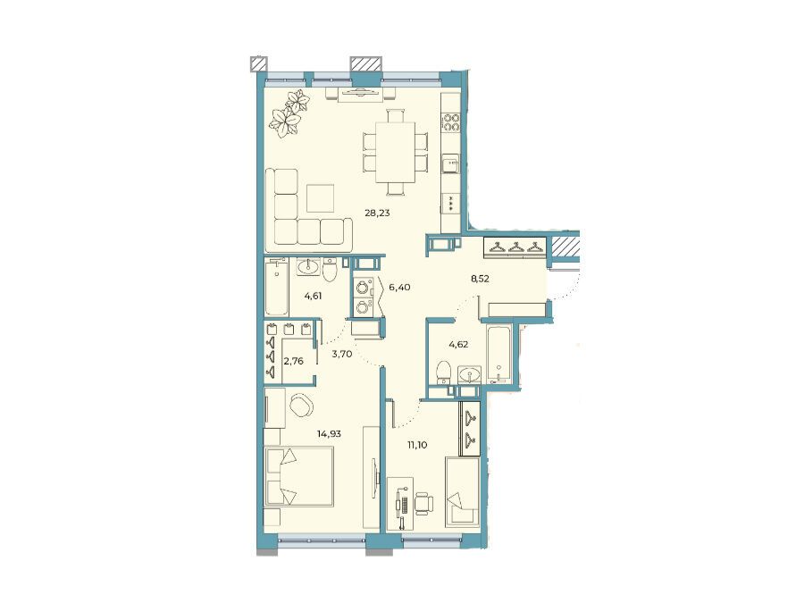 Планировка: 2-комн. квартира 84.74 м² в новостройке Взлетная 16