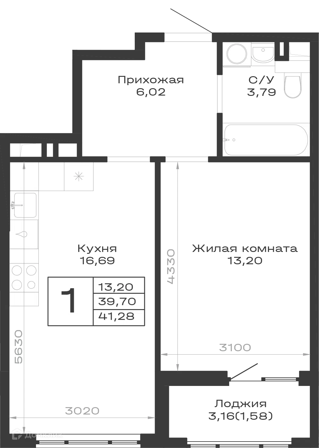 Планировка: 1-комн. квартира 41.28 м² в новостройке Суворов